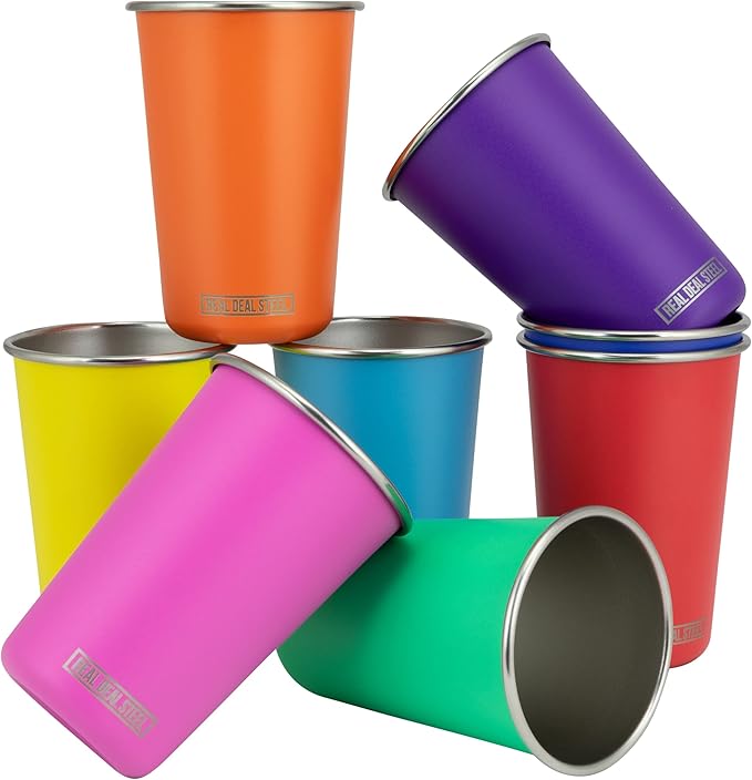 Real Deal Steel Rainbow Cups 16 oz Pint Cups, Stackable Tumblerrs, Eco Friendly Premium Metal Drinking Glasses