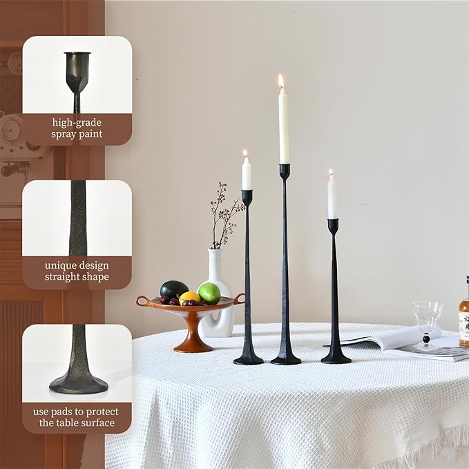 Iron Black Candlestick Holders, Set of 3 Candle Stick Holders,Fits 3/4 inch Thick Candle&Led Candles, Vintage Modern Decorative Centerpiece for Dining Table Centerpiece, Wedding, Party Decor