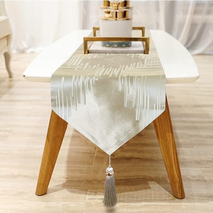 Luxury Beige Table Runner 13 x120 Inch, Modern Abstract Striped, Tassels | - Image 4