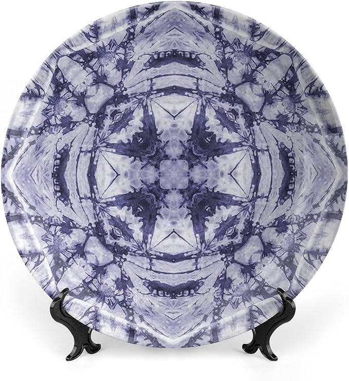 Ceramic Display Plate, Abstract Ceramic Hanging Decorative Plate, Modern Art Generated Resisting Twisting Fractal, 7 Inch, Living Room Kitchen Decoration Household, Lavender Blue Indigo