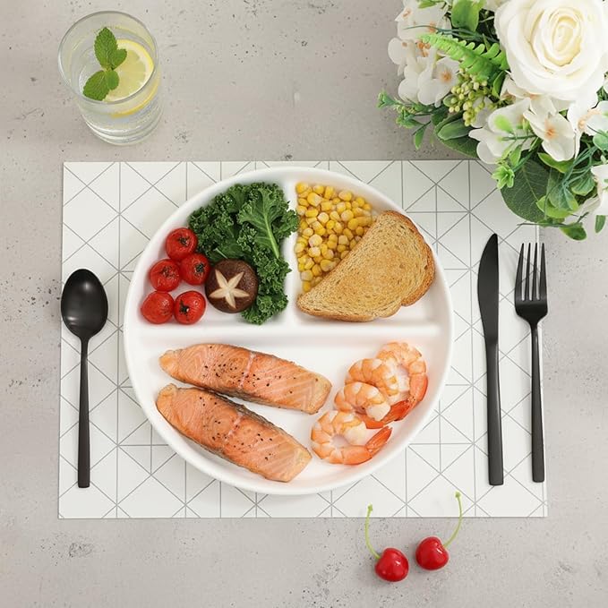 Lounsweer Set of 4 Pcs Portion Control Plate Ceramic Divided Bariatric Plates 3 Compartment Reusable Dinner Plates for Weight Loss Balanced Meal (9.5 Inch)