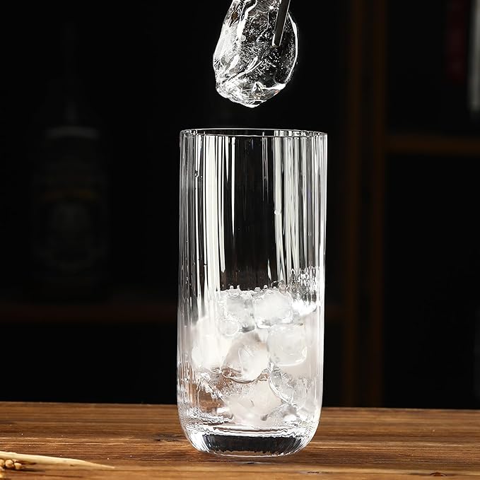 Collins Glasses Set of 6,Highball Glass Set, 15.3 oz, Clear Ribbed Design for Water, Cocktails, Mojito