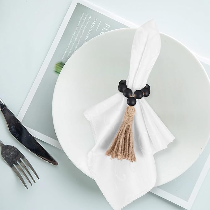 Meplait 6 Pack Wooden Bead Napkin Rings, Farmhouse Napkin Ring, Stretchable - Image 2