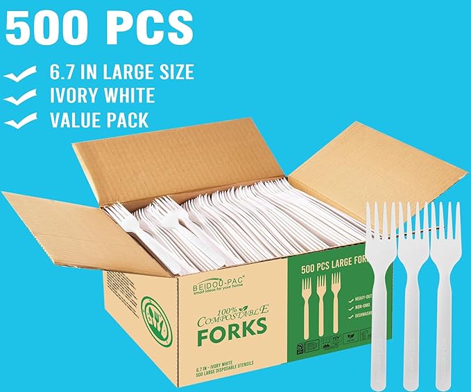 500 Count Compostable Disposable Non Plastic Forks, Large Heavy Duty Biodegradable Utensils, Eco Friendly Durable Sturdy Recyclable Forks Flatware Silverware for Party Wedding Daily Use