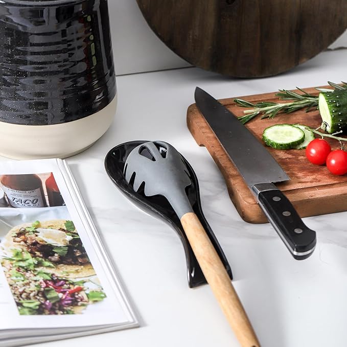 Ceramic Spoon Rest for Stove Top,Large 8.7 Inch Spoon Holder for Kitchen Counter,Porcelain Utensil Rest for Thankgiving and Christmas Gift,Dishwasher Safe and Heat-Resistant,Black(2 PC)