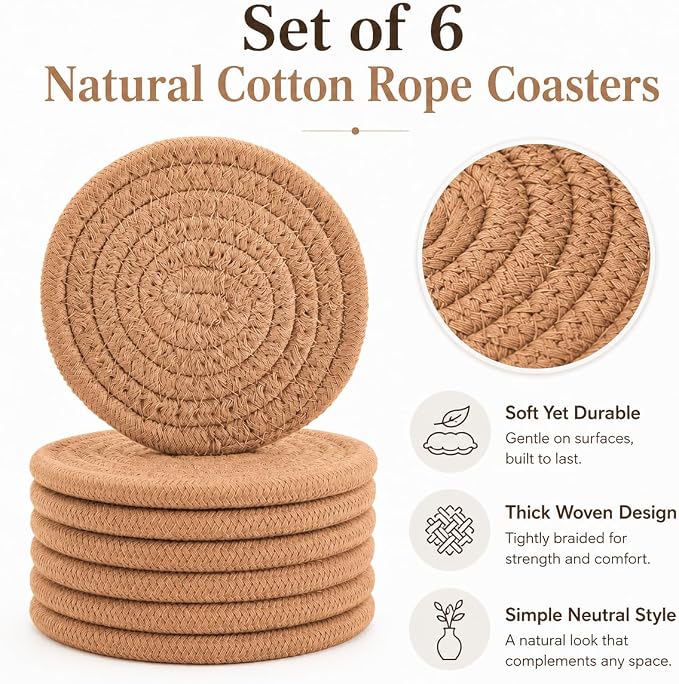 ABenkle Woven Coasters for Drinks Set of 6, Boho Absorbent Drinking Coaster - Image 7