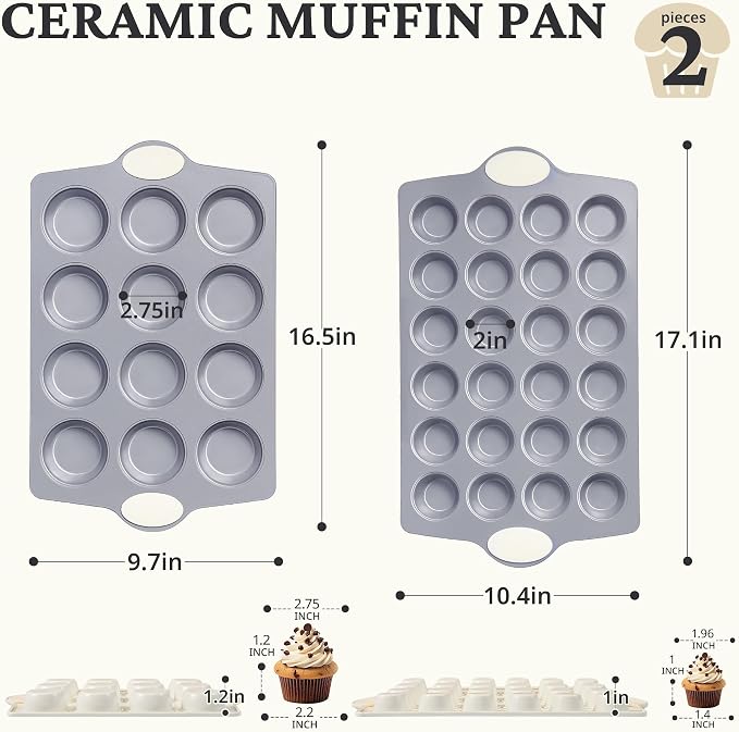 BRONYPRO 2-Pack 12 Cup and Mini 24 Cup Non Toxic Nonstick Ceramic Muffin Pan & - Image 7