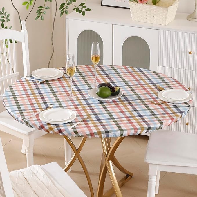 Walrus Round Vinyl Fitted Tablecloth with Flannel Backing Elastic Edge Design Table Cover Waterproof Oil-Proof PVC Table Cloth Stain-Resistant Best for 37"-44" Round