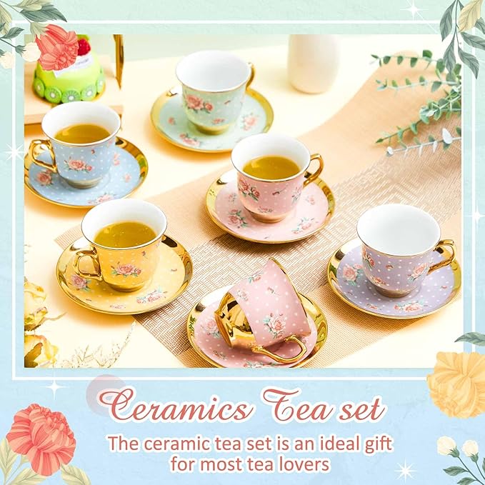 Teenyyou Set of 18 Tea Cups and Saucers Tea Party Decorations Floral Porcelain - Image 3