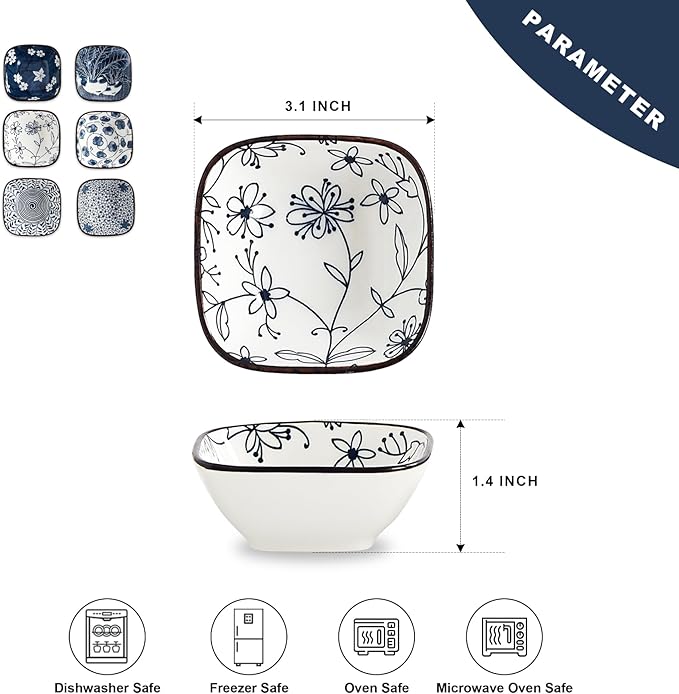 Japanese Style Ceramic Dipping Bowl,3.3'' Small Soy Sauce Dish for Condiments,Blue and White Small Bowl for Ketchup Stackable Side Dish Ramekins- Set of 6 (3.3 inch)