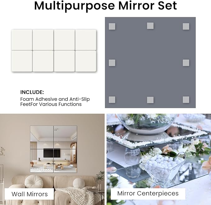 Mirror Centerpieces for Tables, 12" Square, Set of Glass Mirror Table Centerpieces with Non-Slip Foot, Candle Plate for Wedding Decorations, Parties, Christmas, 2mm Thick