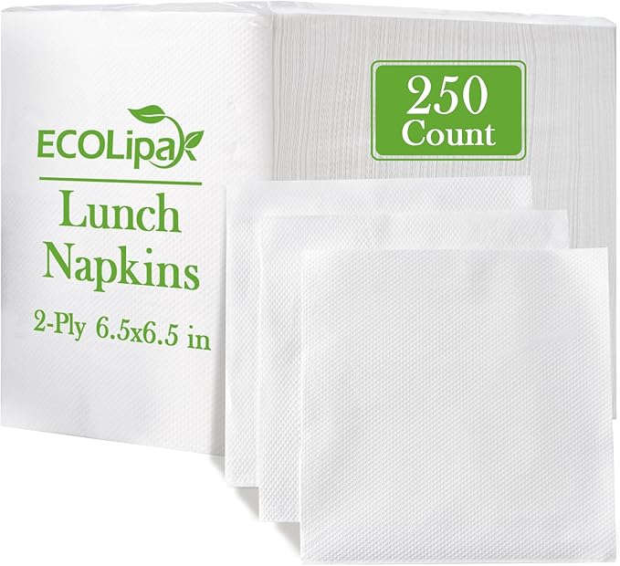 ECOLipak Lunch Napkins Bulk, 250 Count Everyday Paper Napkins, 6.5×6.5 Inch Folded, 2-Ply Soft And Absorbent for Dinner, Gathering, Bar, Restaurants(13×13 Inch Unfolded)
