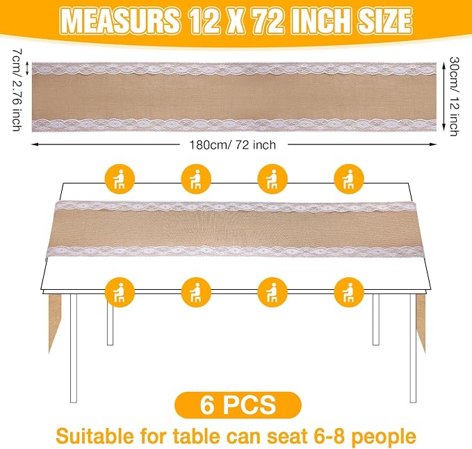 Tatuo 12 Pcs Lace Burlap Table Runner 12'' x 72'' Rustic Jute Hessian Farmhouse - Image 2