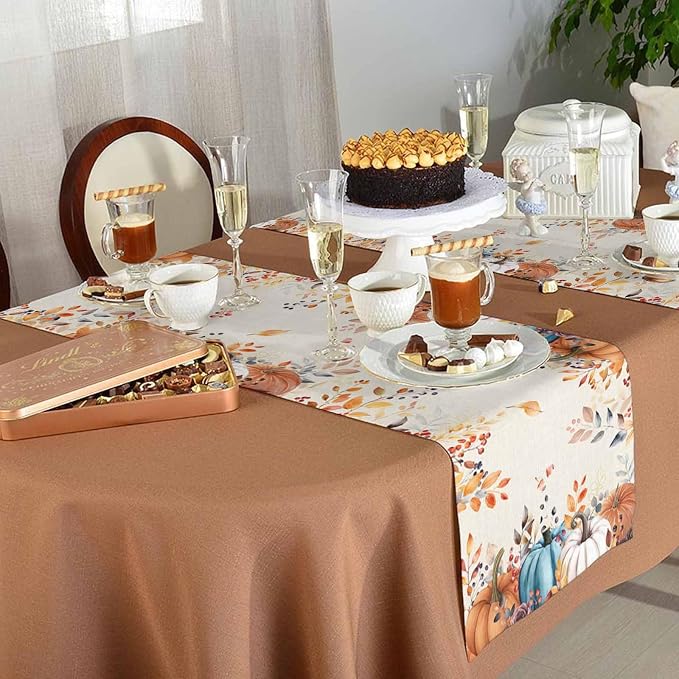 Orange Blue Pumpkin Fall Table Runner 90 Inches Long, Thanksgiving Eucalyptus - Image 5