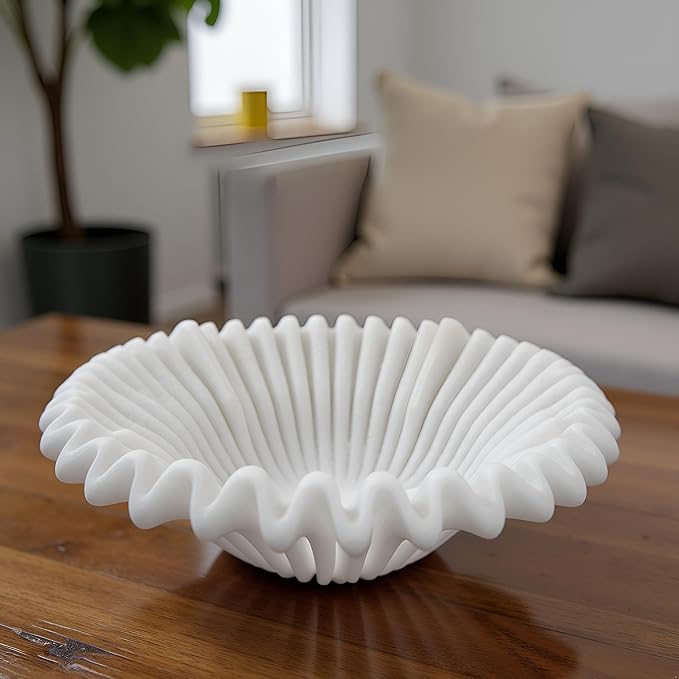 Large Decorative Bowl decor, Scalloped Pedestal Bowls for Modern Home Decor,Ruffle Decor,Stylish Key Bowl for Entry Table,Decorative Fruit Bowl for Kitchen Counter,Artificial Stone Milky White