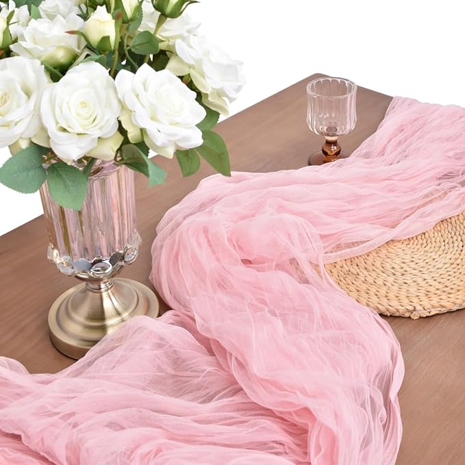 Joanlody Blushing Pink Cheesecloth Table Runner Spring Easter 10Ft Rustic Gauze Boho Cheese Cloth Table Runner for Wedding Bridal Baby Shower Decoration 4 Pack
