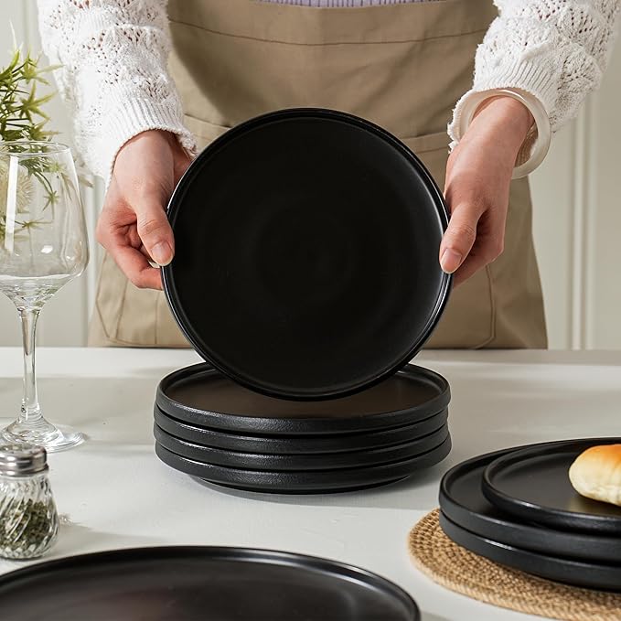 24 Piece Ceramic Dinnerware Set for 8, Modern Minimalist Stoneware Dinner Plates and Bowls, Microwave Safe, Dishwasher Safe, Versatile for All Seasons, Matte Black