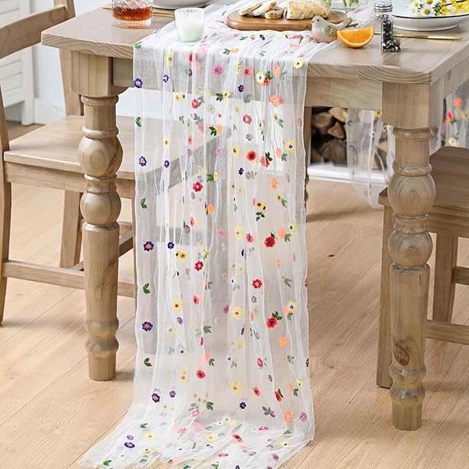 Artoid Mode 3PCS Embroidery Daisy Gauze Table Runner 120 Inch 10FT | Seasonal - Image 4