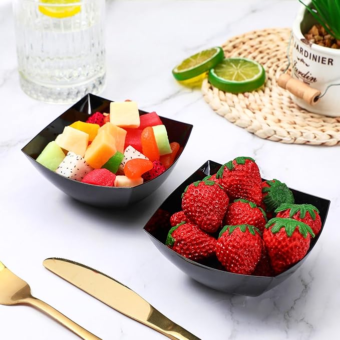 Sliner 100 Pcs Square Plastic Bowls 8 oz Plastic Serving Bowls Disposable Chip Containers for Parties Snack Fruit Candy Containers for Candy Buffet Salad Bar Buffet Party Supplies(Black)