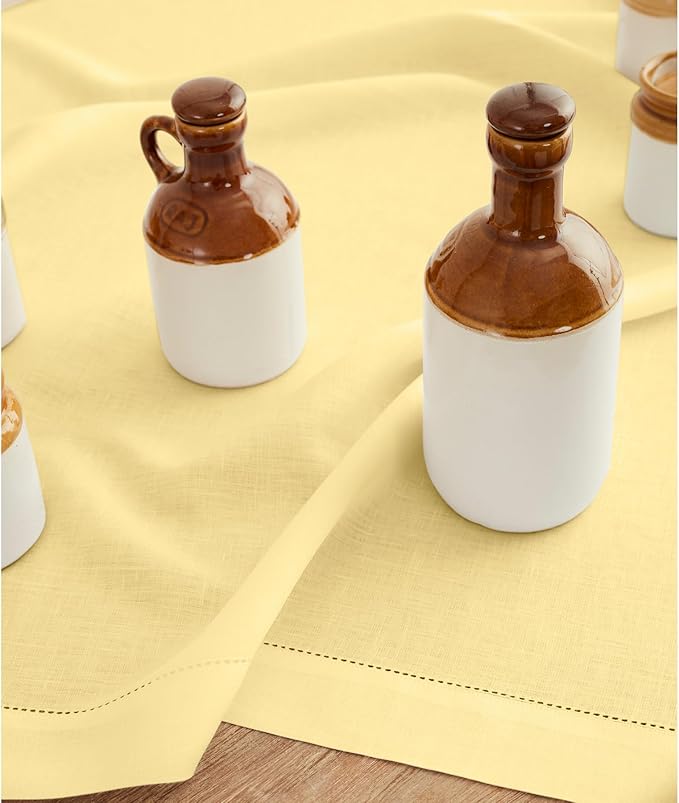 Solino Home Yellow Linen Tablecloth 54 x 72 Inch - Classic Hemstitch, 100% Pure Linen Rectangular Tablecloth - Machine Washable Table Cloth for Valentines, Spring, Easter