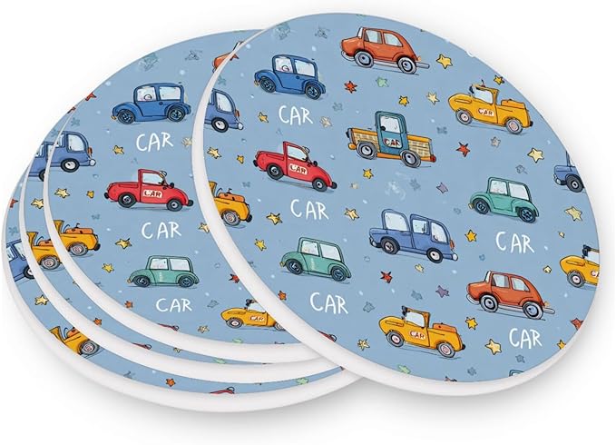 Coasters for Drinks Coaster Drink Set Decorative Coffee Table Desk Cup Mat Spring Cute Cork Bar Backing Round Home Decor Blue Cute Cars and Stars24