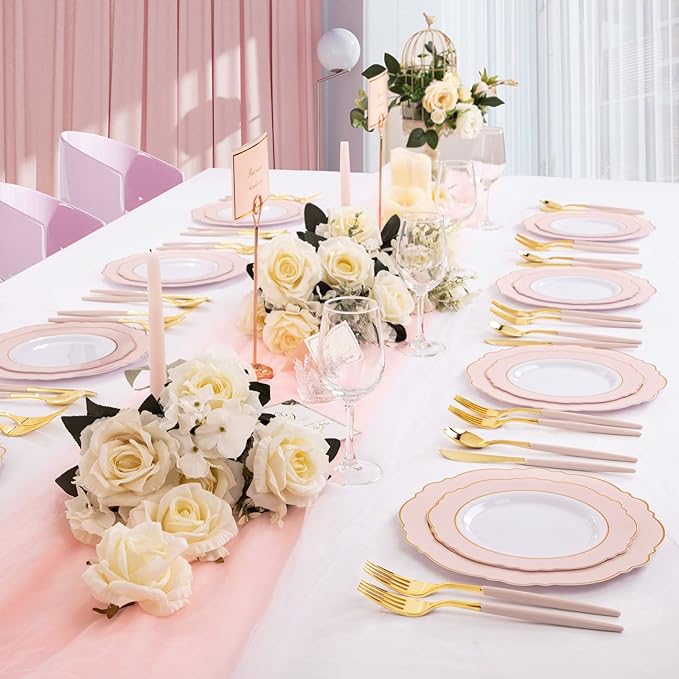 Rubtlamp 90Pcs Gold Plastic Silverware, Valentine's Day Utensils Set With Pink Handles Include 30 Gold Knives, 60Plastic Forks and Spoons, Pink Silverware Heavy Duty For Mother's Day