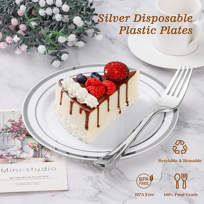 BESTVIP 100Pcs Silver Plastic Plates, 10.25 Inch Disposable Party Plates | - Image 2