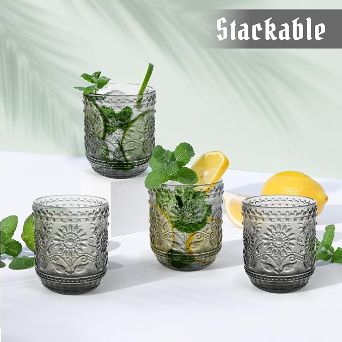 Topsky Vintage Drinking Glass Set of 4, 12 oz Embossed Floral Drinkware Set - Image 8