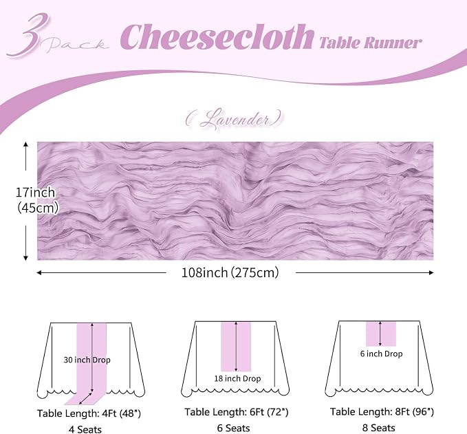 3 Pack Lavender Cheesecloth Table Runner, 17 x 108 inch, Semi Sheer Boho Cheese - Image 3
