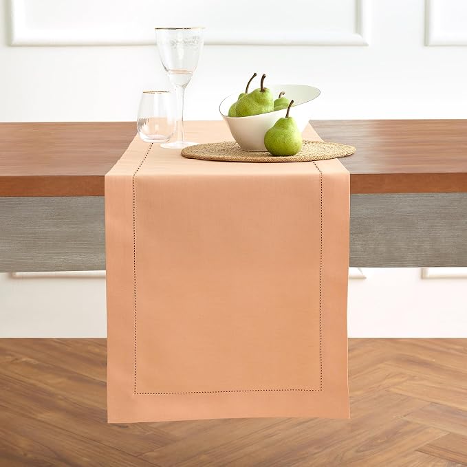 Solino Home Cotton Linen Dining Table Runner Peach Hemstitch, 14 x 108 in | by SolinoHome