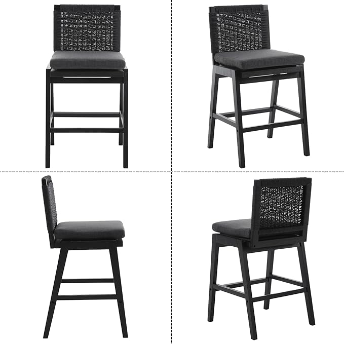 Mid Century Modern Counter Height Barstools Set of 6, 27” Linen Upholstered Counter Stools with Rope Woven Back Wooden Farmhouse Bar Stools for Kitchen Island Dining Room,Charcoal