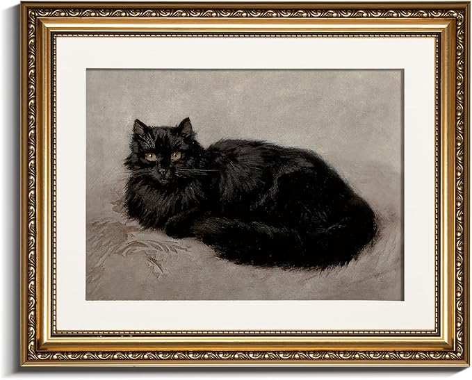 InSimSea Gold Picture Framed Wall Art, Living Room Vintage Black Cat Bathroom Wall Decor, Animal Canvas Print Art, Classical Home Farmhouse Decor, Antique Paintings with Frame 13x16inch