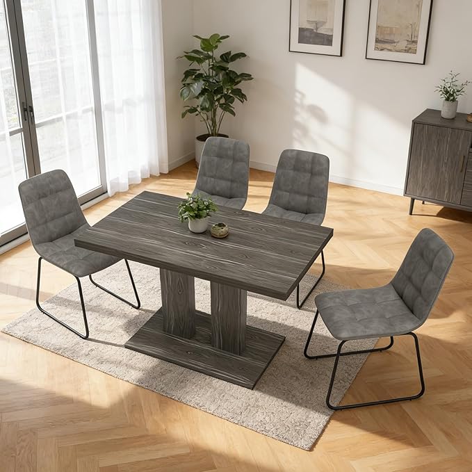Modern 5-Piece Dining Table Set for 4, 46" Pedestal Dining Table with 4 Leather Chairs, Small Space Saving Kitchen Table Set, Grey Wood Finish Rectangular Table for Dining Room & Apartment