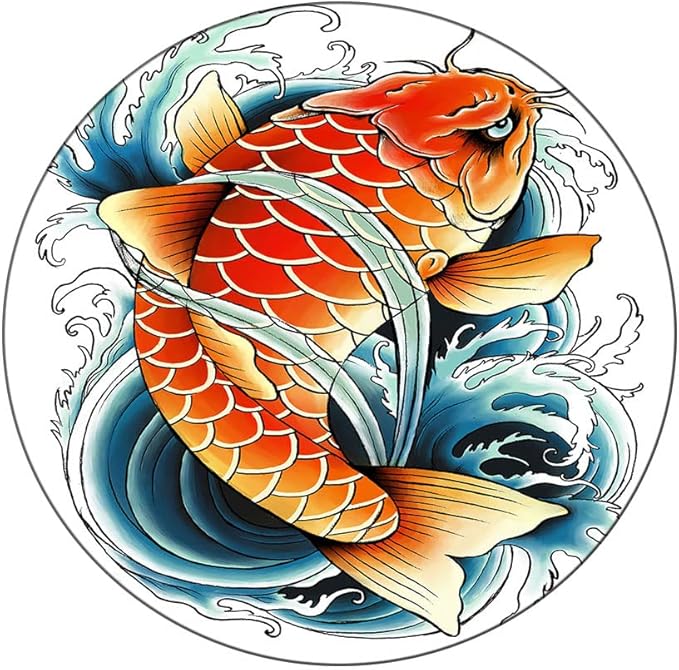 Elastic Tablecloth, Koi Fish Decorative Fabric Table Cover for, Tattoo Style Japanese Wave, Fit Round Tables 23inch Diameter, for Dining Room/Party/Banquet Decoration, Multicolor