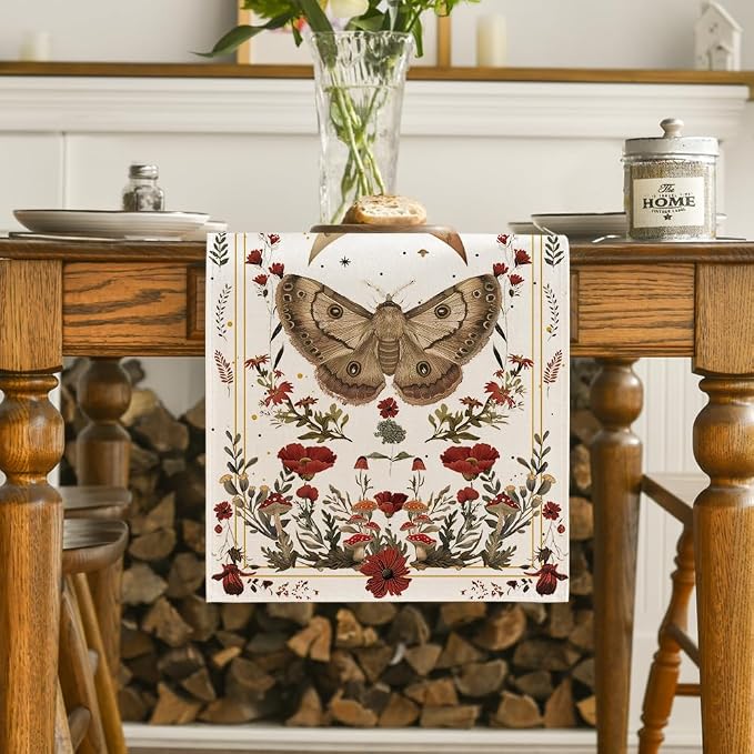Artoid Mode Beige Poppy Moth Mushroom Moon Fall Table Runner, Seasonal Autumn - Image 2