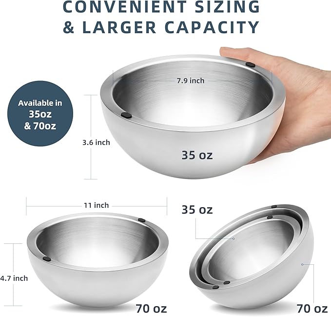 Dip Chiller Bowl - Large 70oz Capacity - Frozen Ice Stainless Steel Party Serving Bowl - Insulated Dip Dish Platter Keeps Salsa, Guacamole, Condiments, Sauces, Salad & Food Hot or Cold (2 Bowls)