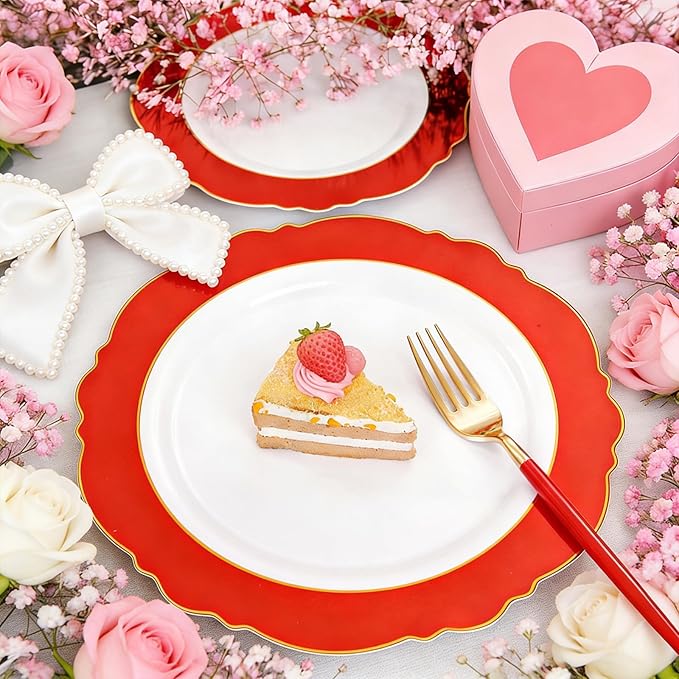 WDF 60pcs Red Valentines Plates with Gold Rim - 10.25inch Red Dinner Plates Disposable Plates Table Decor for Valentine's Day