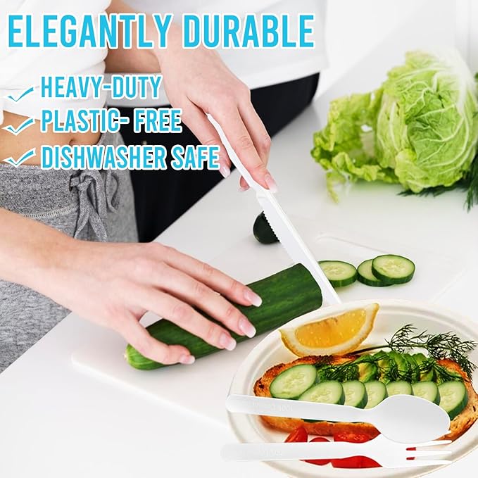 250 Count Compostable Disposable Non Plastic Silverware, Heavy Duty Biodegradable Forks Spoons Knives Cutlery Set, Eco Friendly Recyclable Flatware Utensils for Party Wedding Daily Use