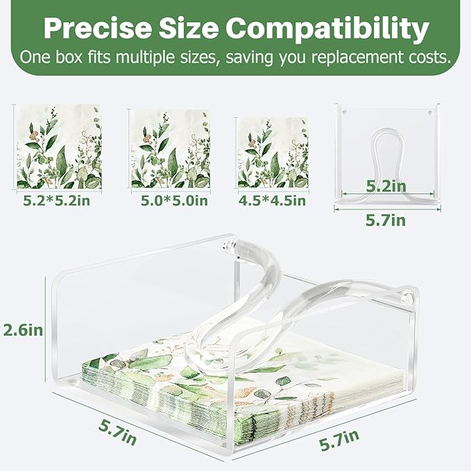 Acrylic Cocktail Napkin Holder, 5.5"x5.5" Clear Square with Weighted Arm & Non-Slip Base, Sleek & Stable Flat Napkin Holder for Bar Cafe Restaurant Kitchen Dining Table