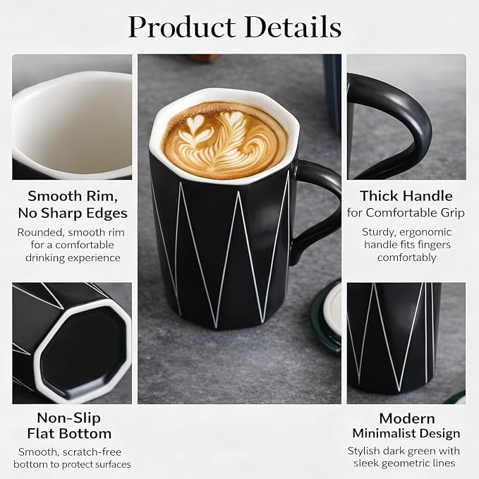 Ceramic Coffee Mug with Lid and Spoon, 13 oz Thick Heavy Coffee Cup - Image 2