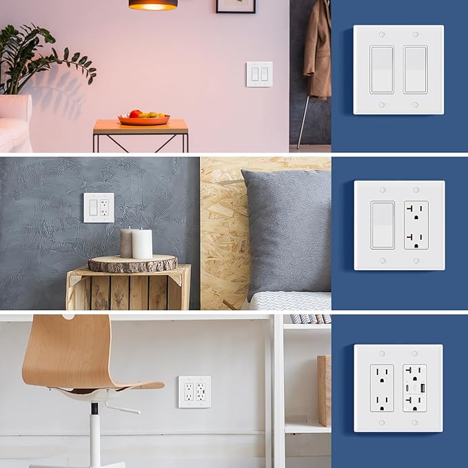 AIDA 2-Gang Decorative Wall Plates, 4.88" H x 4.94" L - Unbreakable Thermoplastic Faceplate Cover for Outlets and Switches, UL Listed - (1 Pack, Glossy White)