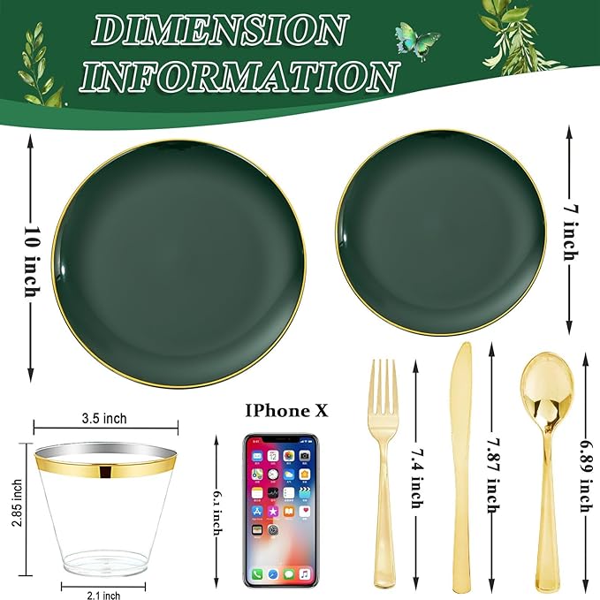 WDF 300Pcs Green Plates Disposable - Heavy Duty Green Plates - 50Guest Green Plastic Dinnerware Include 50 Dinner Plate, 50 Dessert Plate, 150 Cutlery & 50 9oz Cups for Parties St. Patrick’s Day