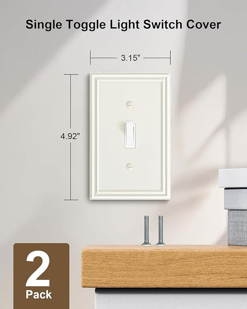 2-Pack Single Toggle Light Switch Cover Plate, Durable Solid Zinc Alloy Decorative Switch Plate Covers, Light Almond 1 Gang Wall Plate, Corrosion Resistant