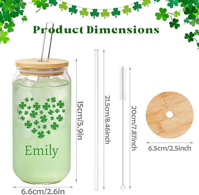 Mason Life St Patrick's Day Personalized Glass Tumbler, Print 2 Sides 18 OZ Cute Glass Cup with Lid and Straw, Lucky Clover Beer Can Glass, Personalized St.Patrick's Day Gift