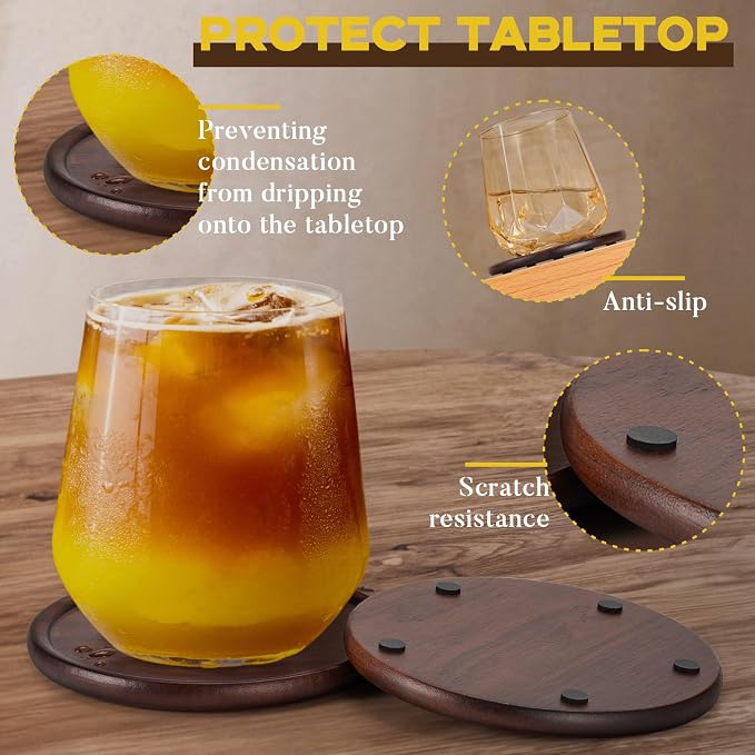 Wood Coasters with Metal Holder, GOH DODD Set of 8 Walnut Wooden Coaster - Image 5