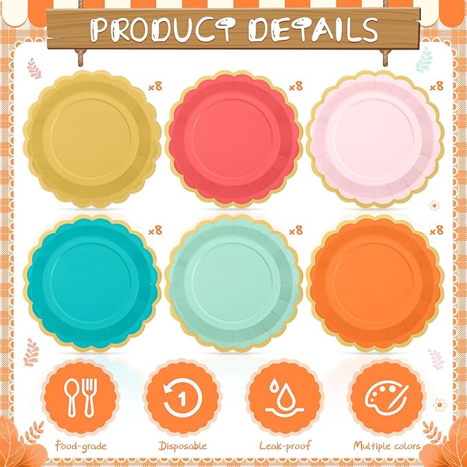 48 Pcs Colorful Coral Paper Plates 9 Inch Pastel Rainbow Scalloped Paper Plates Disposable Dinner Dessert for Birthday Wedding Bridal Party Supplies, 6 Colors