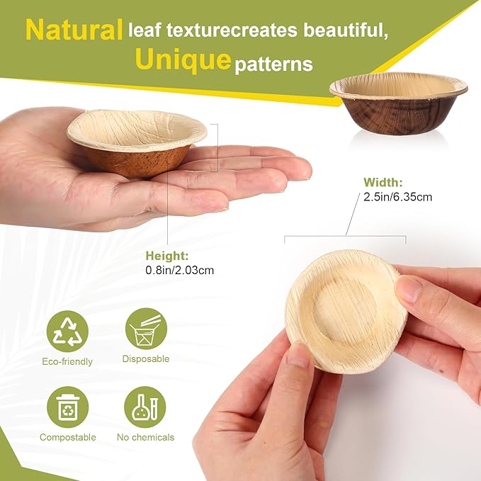 100 Pcs Small Palm Leaf Dip Bowls 2.5 Inch Disposable Palm Leaf Round Mini Dip Bowl, All Natural and Compostable Small Bamboo Plates for Dips Soy Sauce Charcuterie Board and Finger Foods
