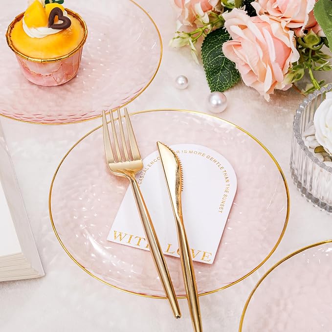 Rubtlamp 60 Pcs Pink Gold Plastic Plates, Gold Hammered Disposable Salad Plates, 7 Inch Disposable Dessert Platos, Plastic Dessert Appetizer Platos Perfect for Mother's Day