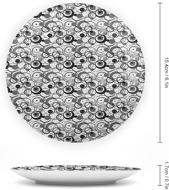 Ceramic Plates, Abstract Decorative Ceramic Plates, Monochrome Circles Dots Surreal Geometric Modern, 6 Inch, for Dining, Parties, Wedding, Grey Black White