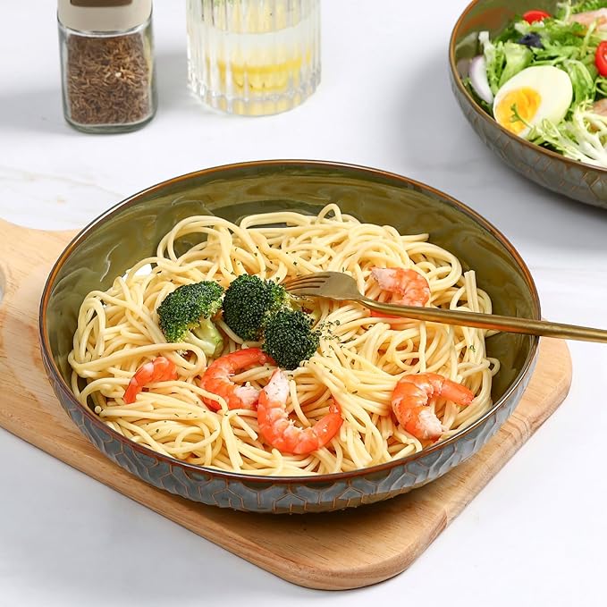 Sureasy 9.7" Pasta Bowls Set of 4-42 oz Large Salad Bowls for Kitchen, Embossed Ceramic Serving Bowls for Fruits, Soup, Pasta and Salad, Microwave & Dishwasher Safe, Green